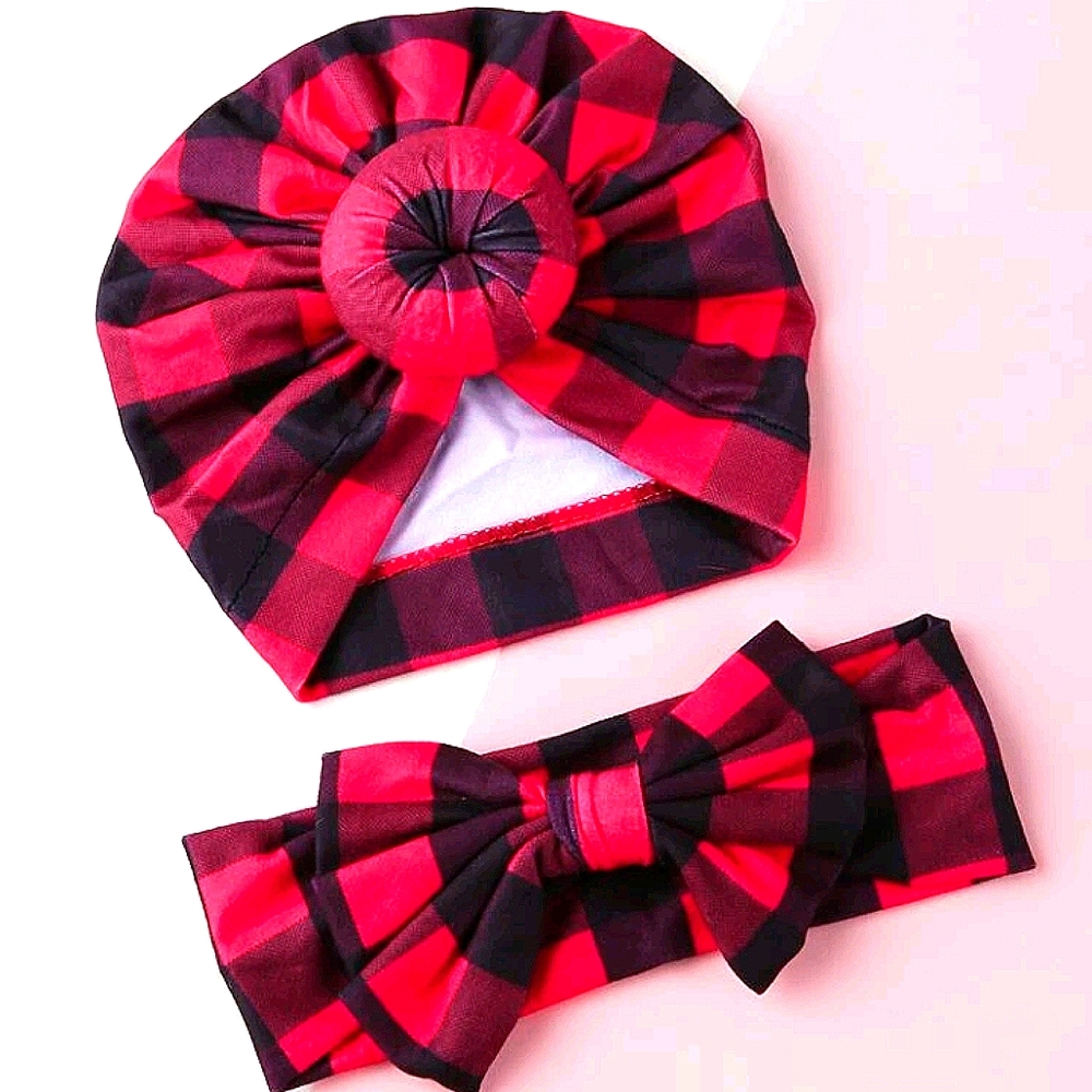 Gingham print baby turban & bow